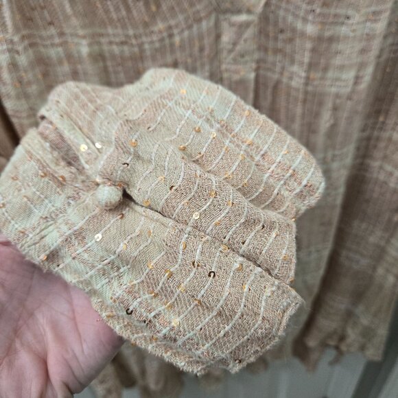 Free People Button up Shirt Large Bohemian Beige Peach Metallic Sequin Blouse - Picture 6 of 10